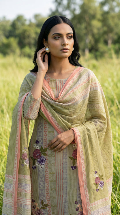 Resham Embroidery Olive Green Jute Cotton Stitched Suit Set