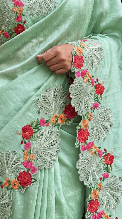 Raw Silk  light Seafoam Green Saree