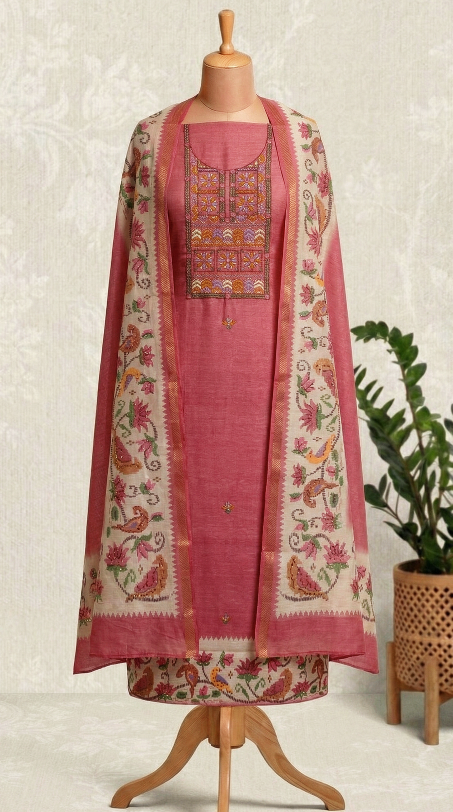 Resham Embroidery Rustic Red Chanderi Unstitched Suit Set