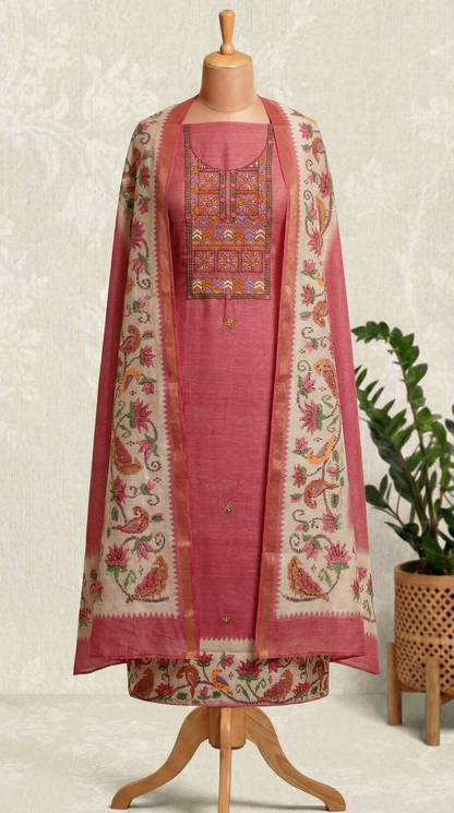 Resham Embroidery Rustic Red Chanderi Unstitched Suit Set