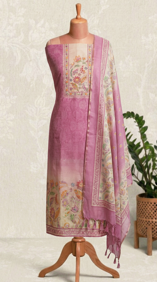 Resham Embroidery Electric Pink Kota Unstitched Suit Set