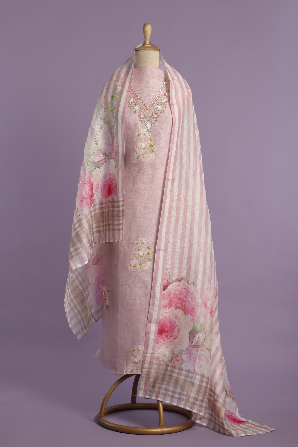 Lavender Purple Floral Printed Linen Kurta Set with Sequins & Intricate Hand Work