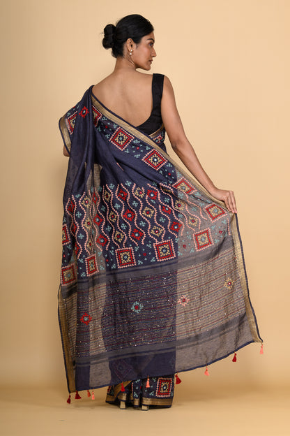 Pure Linen Deep Blue Saree Highlighted with Tikki & Thread Work