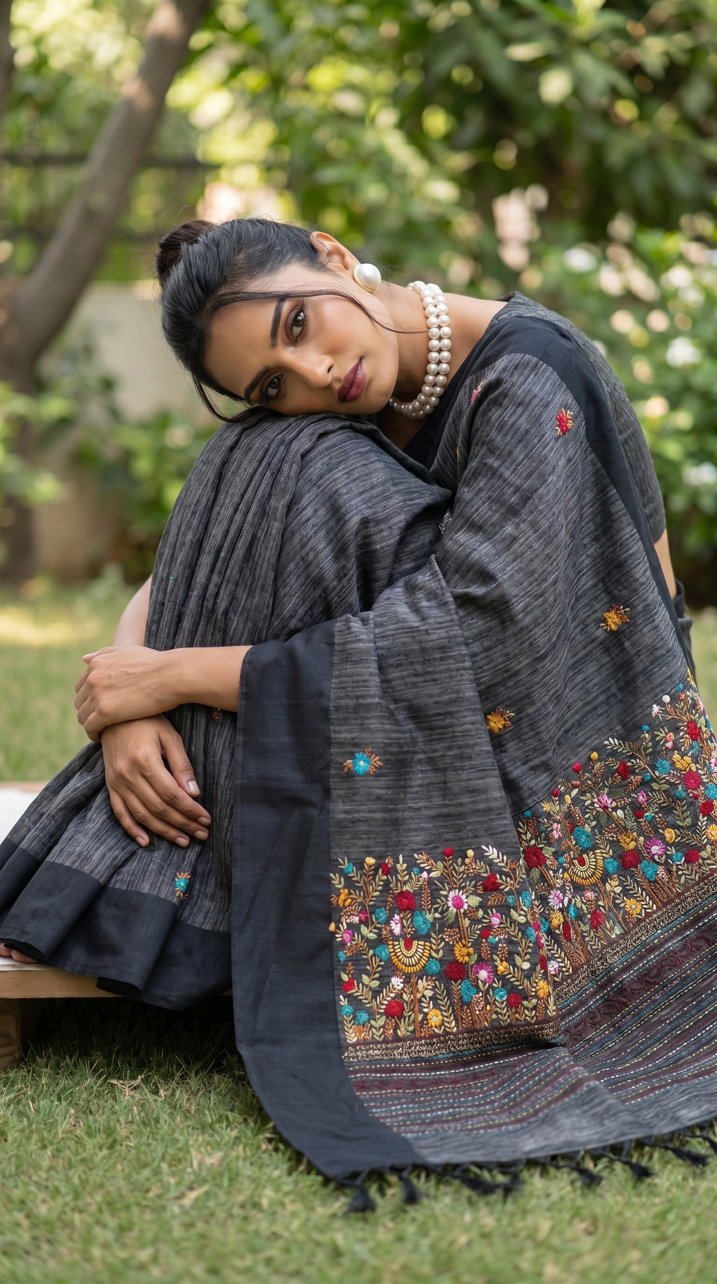 Charcoal Grey Linen Saree