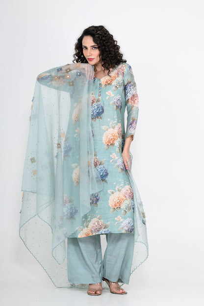 Powder Blue Printed Linen Kurta Set with Tikki & Cutdana Highlight