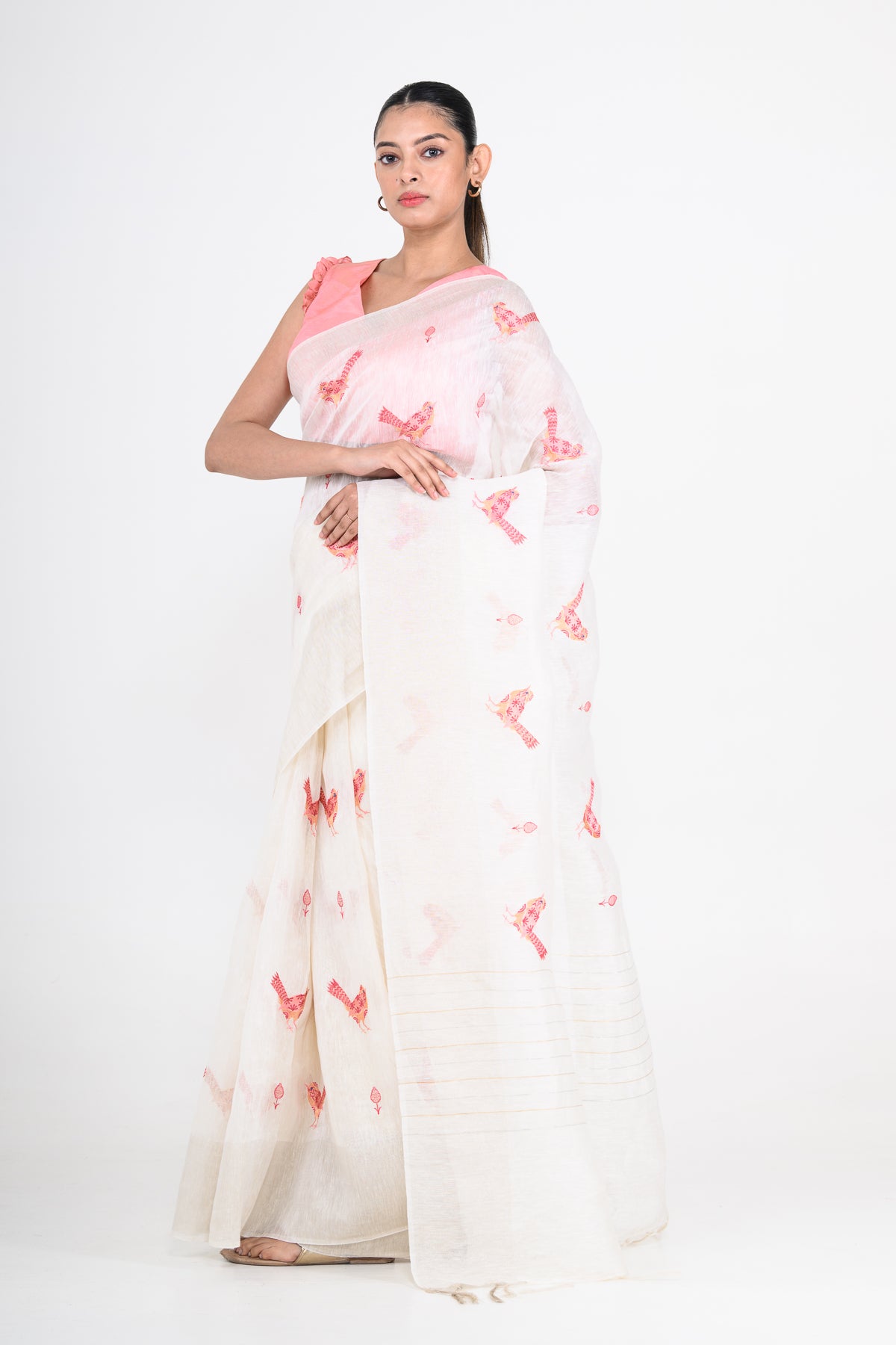 Parsi Embroidered White Pure Linen Saree