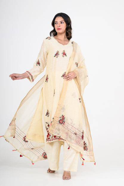Pure Linen White Kurta Set & Dupatta with Thread Work
