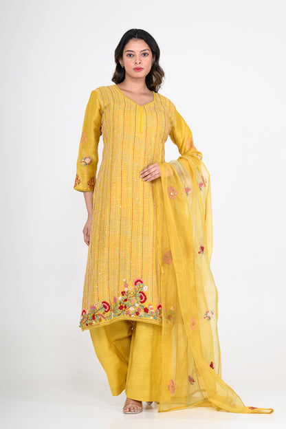 Pure Linen Mustard Yellow Kurta Set & Dupatta with Katha Work