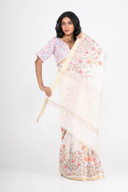 Parsi Embroidered Off White Pure Linen Saree
