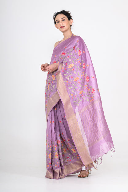 Parsi Embroidered Purple-Gold Pure Linen Saree
