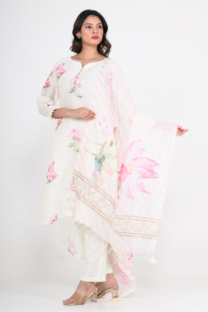 Floral Printed Pure Linen Off White Kurta Set with Dupatta