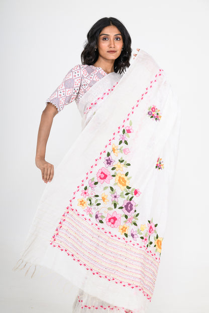 White Pure Linen Saree with Tikki & Thread Work