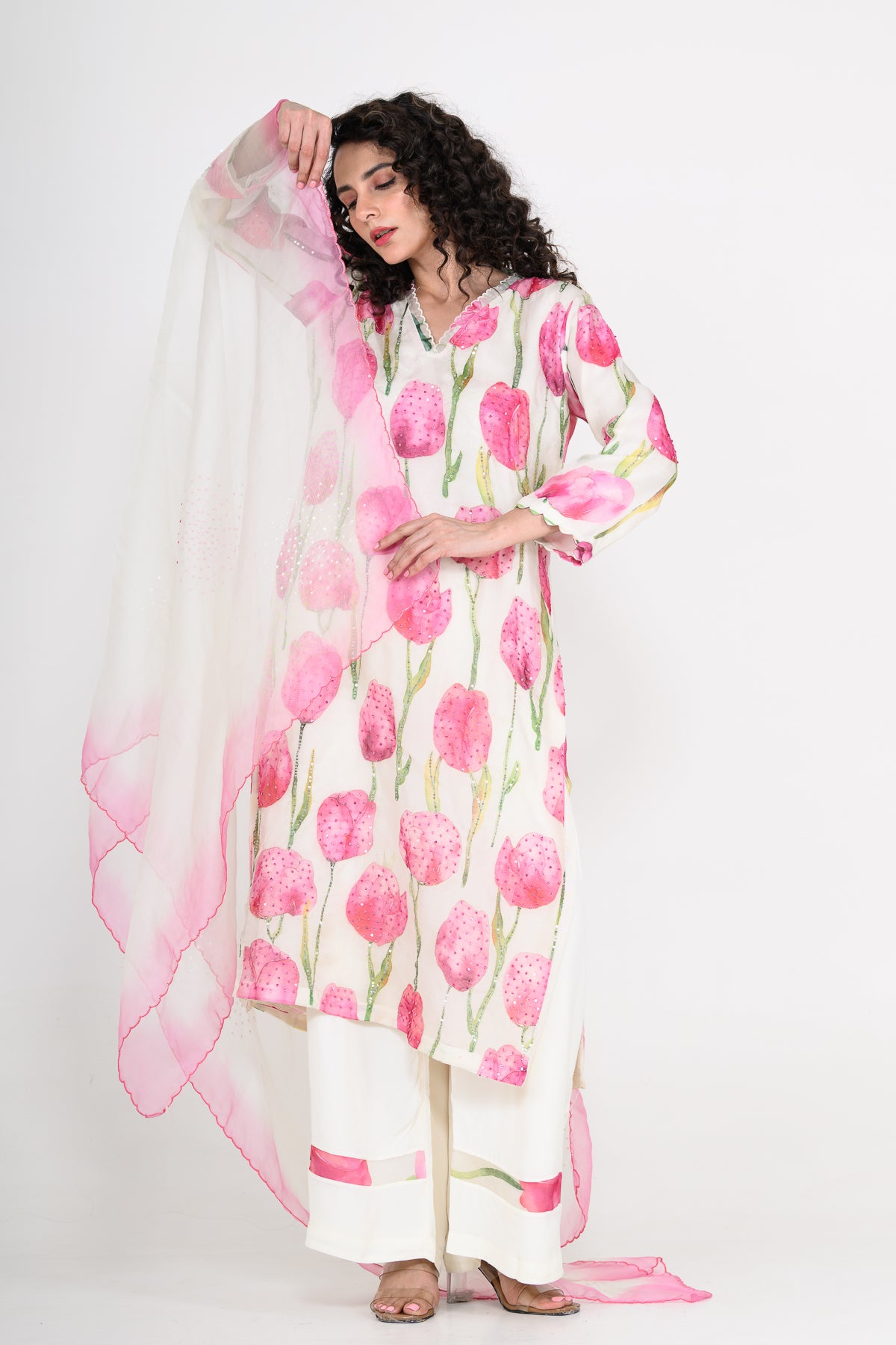 White & Pink Printed Organza Kurta Set with Hand Embroidery