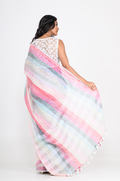 Multicolored Handwoven Striped Pure Linen Saree