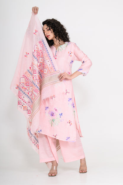 Light Pink Pure Linen Kurta Set with Katha & Mirror Highlight