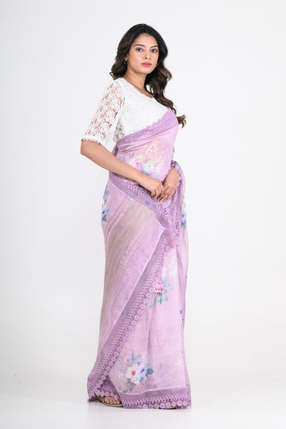 Lavender Purple Floral Printed Pure Linen Saree
