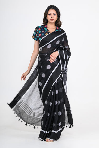 Black Pure Linen Polka Dot Handwoven Saree