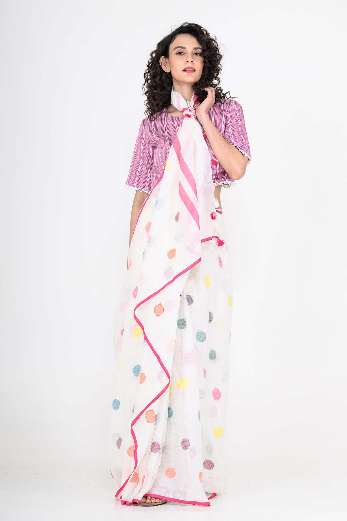 Off White Pure Linen Polka Dot Handwoven Saree