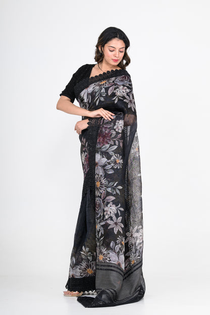 Floral Printed Pure Linen Black Saree with Lace Work
