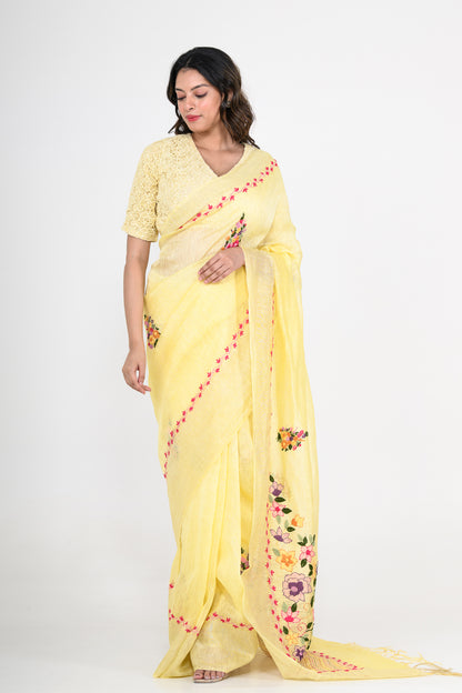 Yellow Pure Linen Saree with Tikki & Thread Work