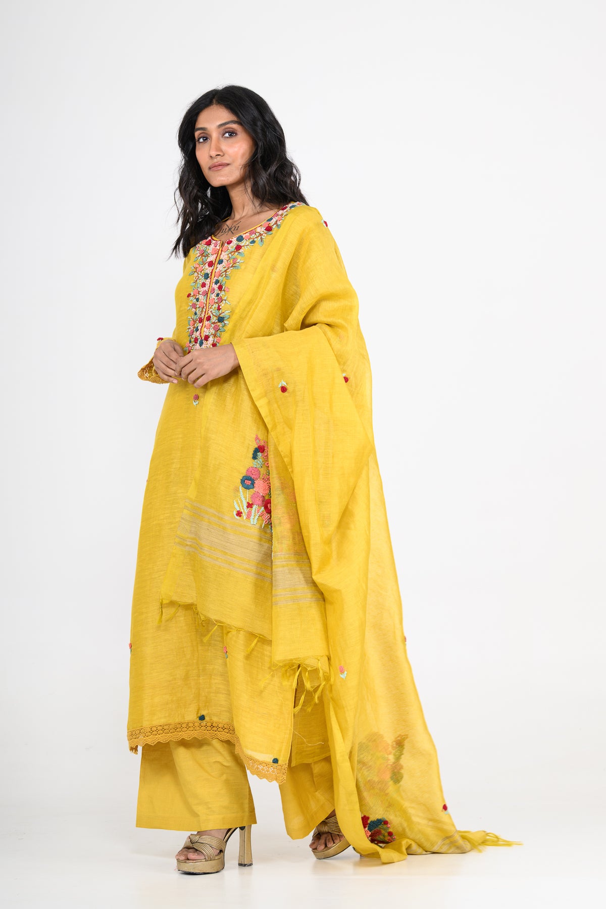 Pure Linen Mustard Yellow Kurta Set & Dupatta with Thread Work