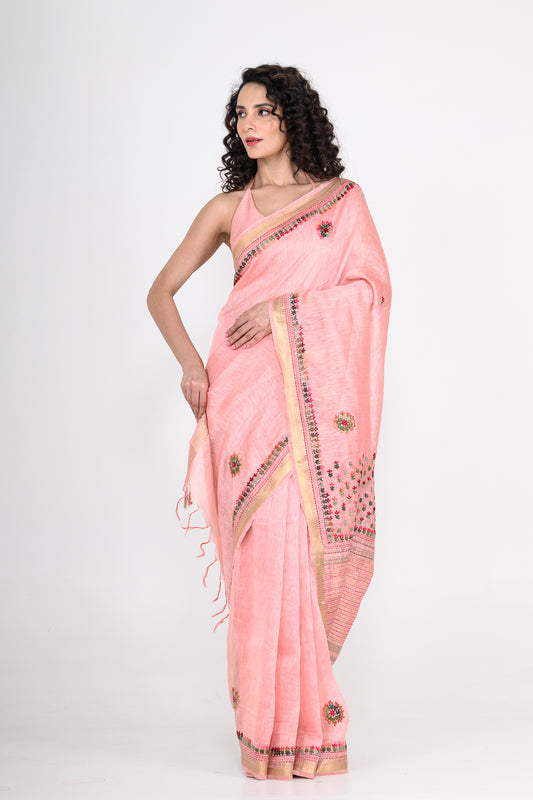 Dusty Pink Pure Linen Saree with Katha & Tikki Work