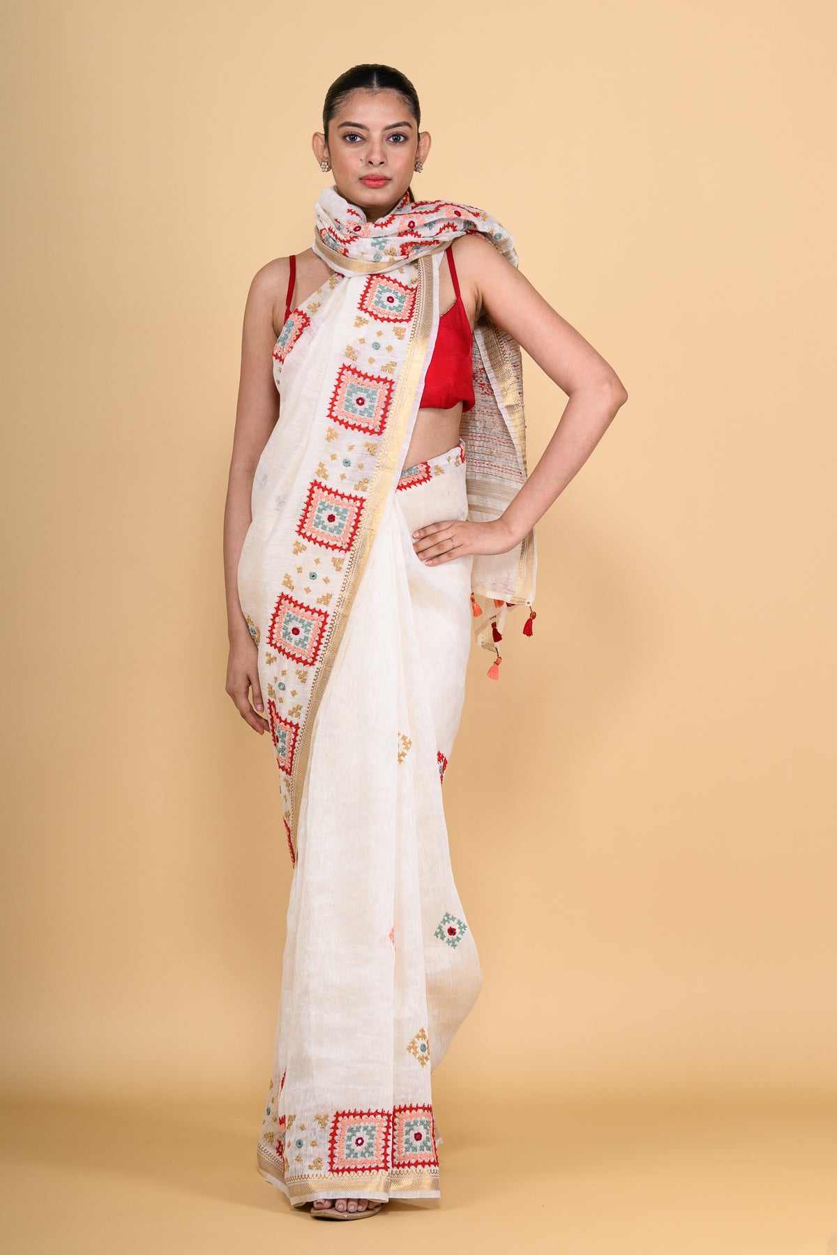 Pure Linen White Saree Highlighted with Tikki & Thread Work