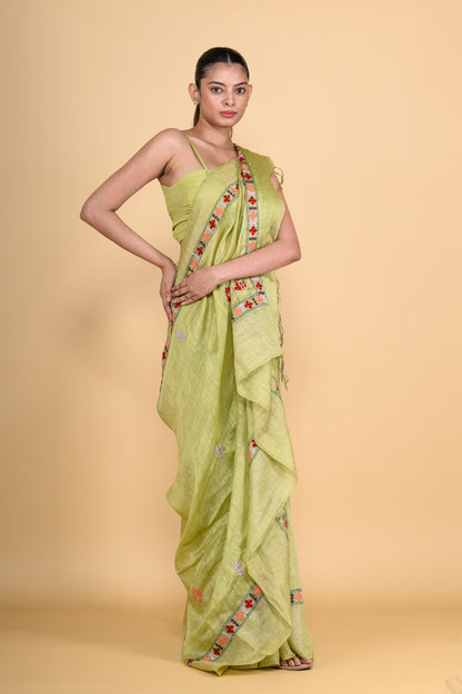 Leaf Green Pure Linen Saree with Thread Work