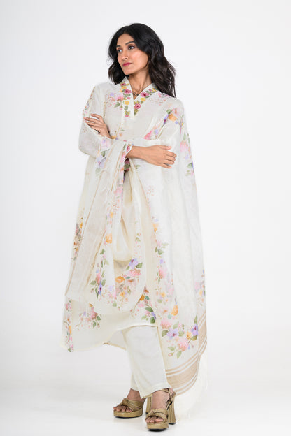 Pure Linen Printed Kurta Set with Resham & Tikki Highlights