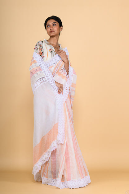 Peach Handwoven Jute Linen Saree