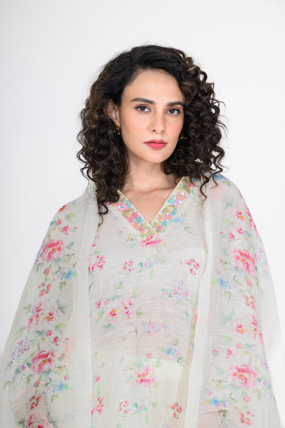Floral Printed Pure Linen Off White Kurta Set with 3D Embroidery