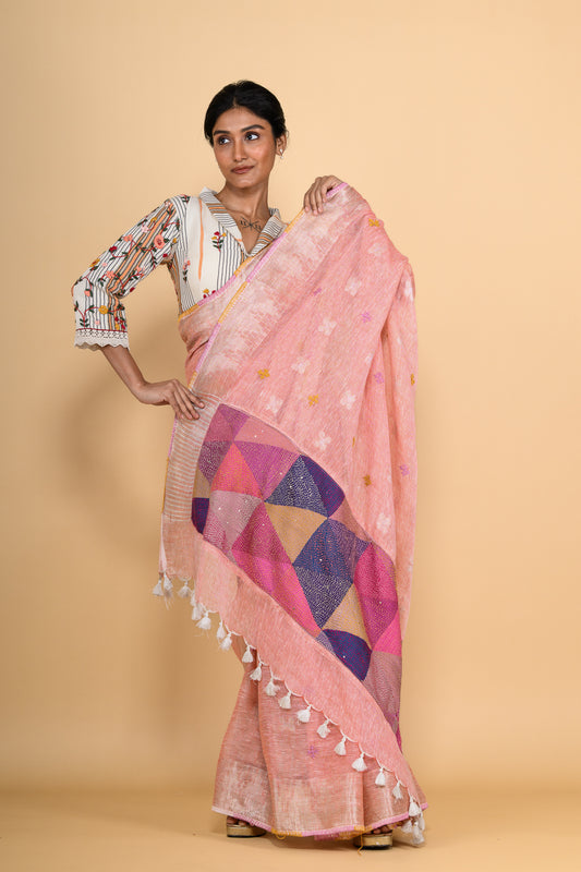 Pure Linen Pink Patchwork Saree with Tikki & Thread Work