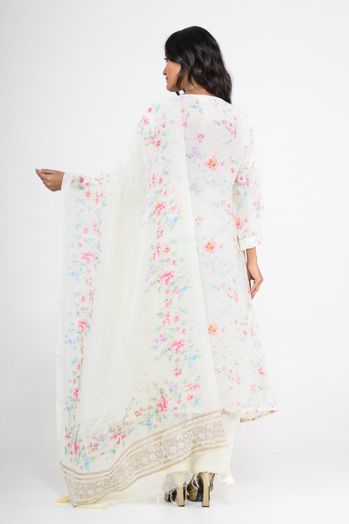 Floral Printed Pure Linen Off White Kurta Set with Dupatta