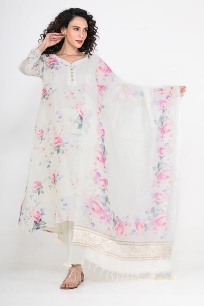 Pure Linen Off White Kurta Set with Dupatta