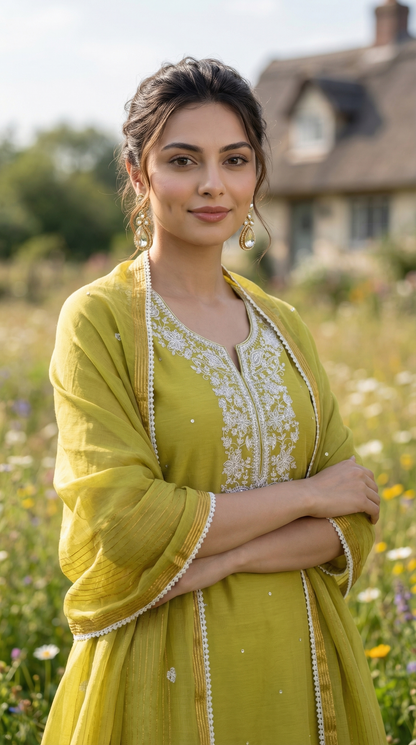 Olive Green Resham Embroidery Mul Mul Suit Set