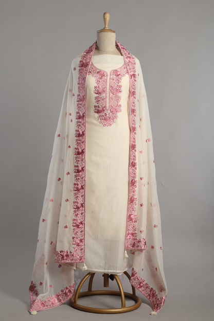 Feather White & Pink Highlighted Mul Kurta Set with Parsi Embroidery