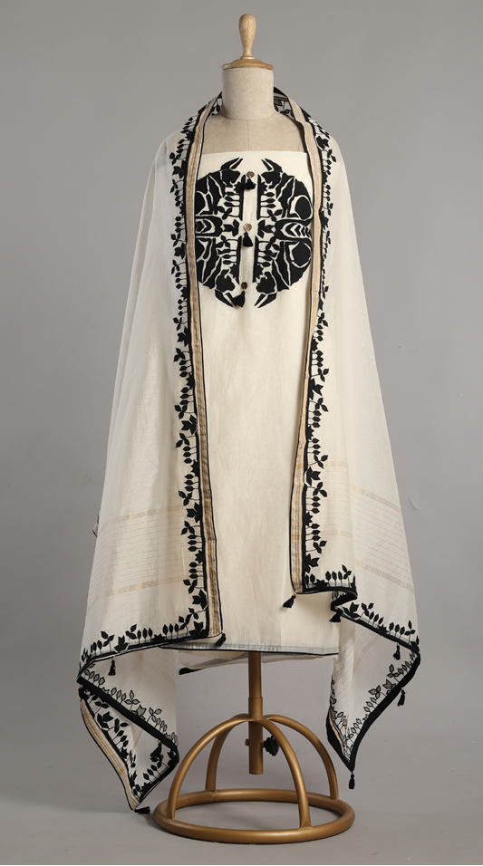 Unstitched Ivory White-Black Dual Tone Mul unstitched Kurta Set with Contrast Applique