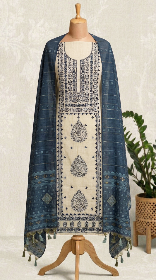 Resham Embroidery Blue Chanderi Unstitched Suit Set