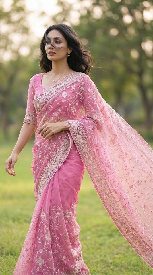 Organza pink Saree