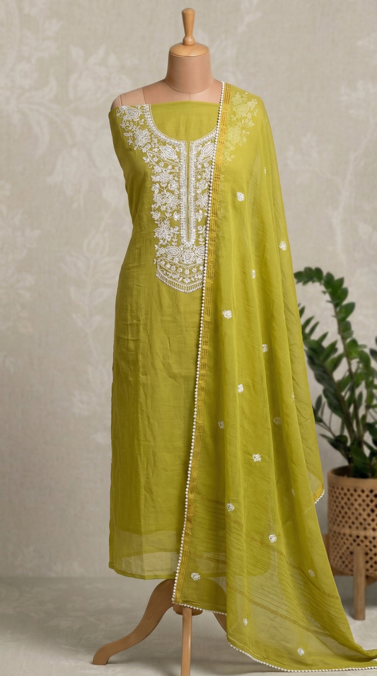 Olive Green Resham Embroidery Mul Mul Unstitched Suit Set