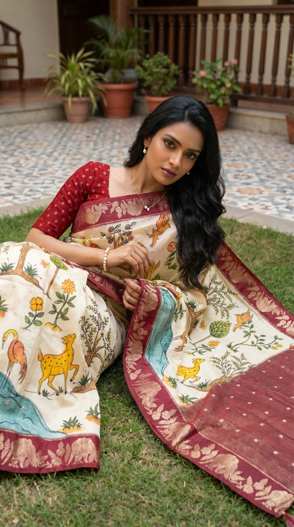 Cream Coloured Tussar Silk Saree