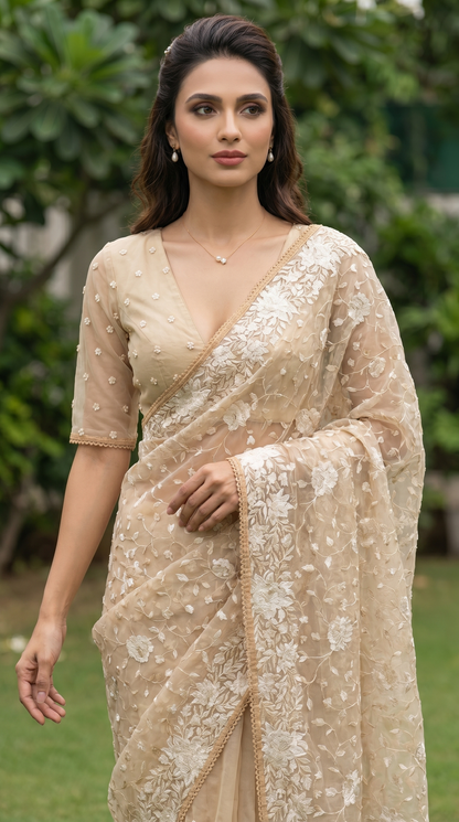 Beige Organza Saree