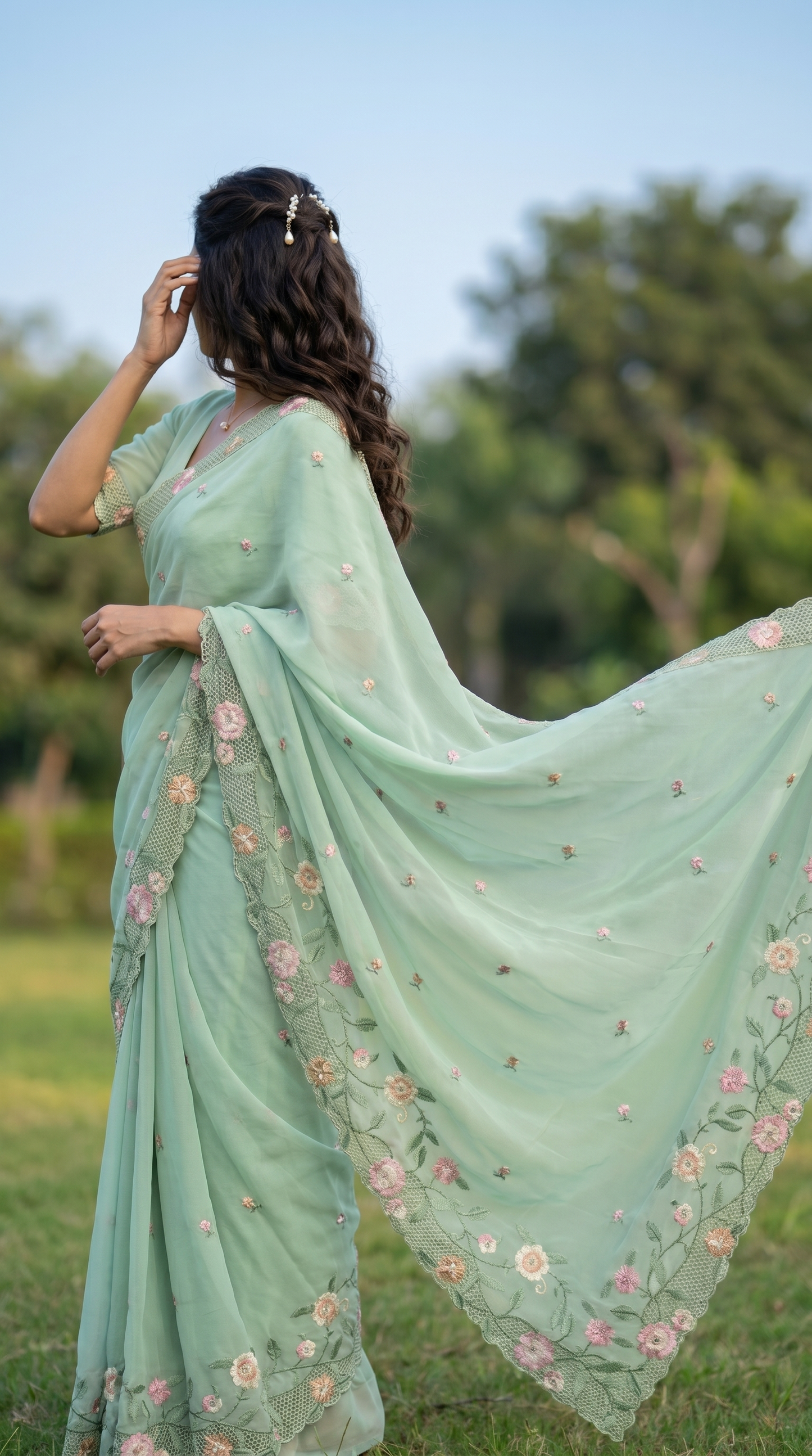 Mint Green Chiffon Saree