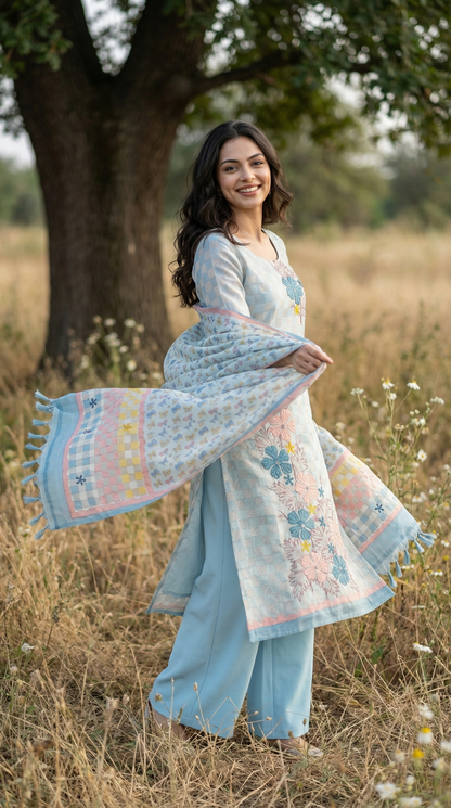 Resham Embroidery Powder Blue Jute Cotton Stitched Suit Set