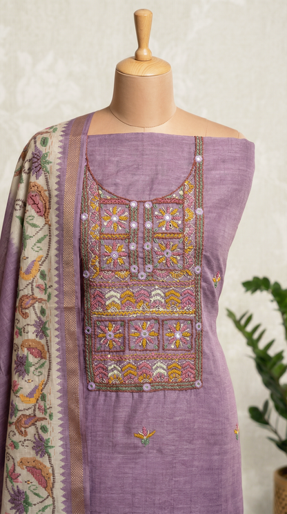 Resham Embroidery Lilac Chanderi Unstitched Suit Set