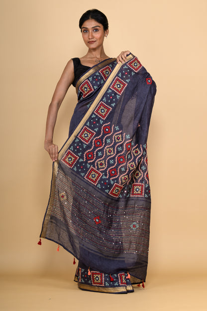 Pure Linen Deep Blue Saree Highlighted with Tikki & Thread Work