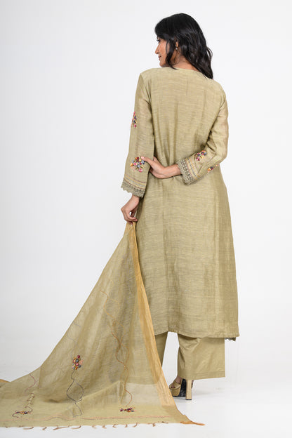 Sage Green Thread Embroidered Pure Linen Kurta Set & Dupatta