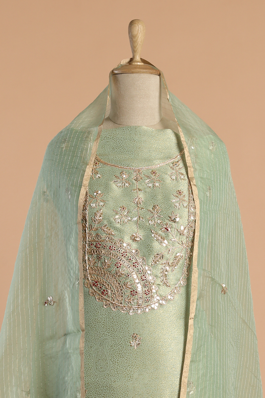 Pista Green Gold Tissue Kurta Set Embellished with Designer Motifs & Embroidery