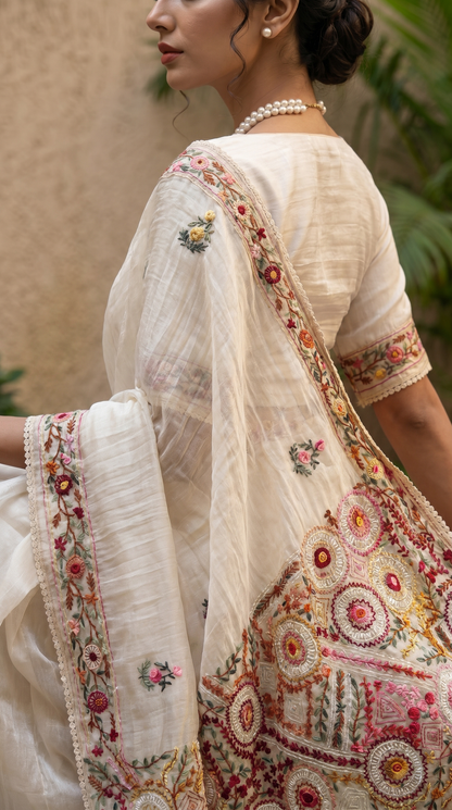 Hand embroidery Ivory Saree