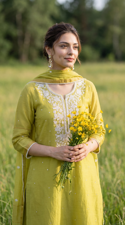 Olive Green Resham Embroidery Mul Mul Suit Set